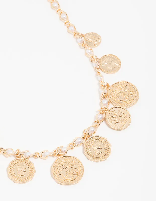 Antique Gold Pearl Coin Charm Necklace sold by lovisa