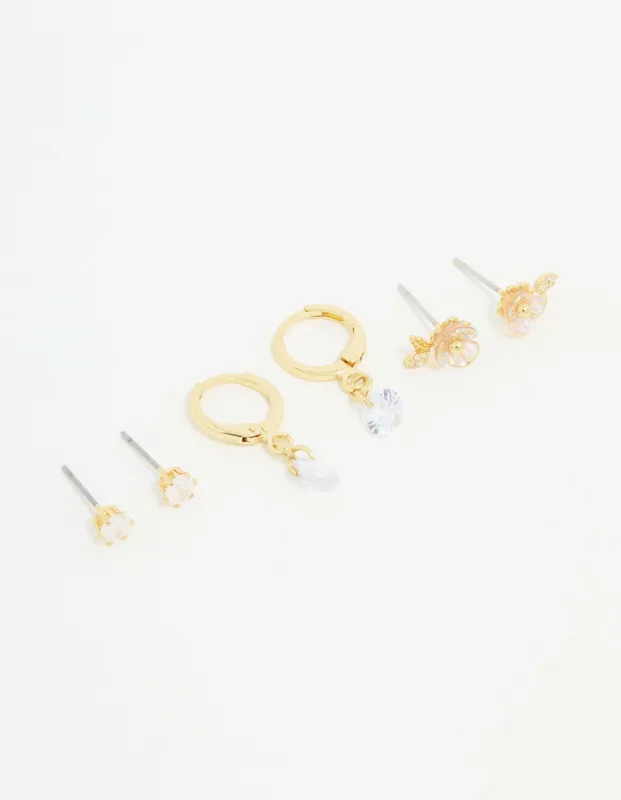 Gold Plated Cubic Zirconia Floral Drop Earrings 3-Pack sold by lovisa