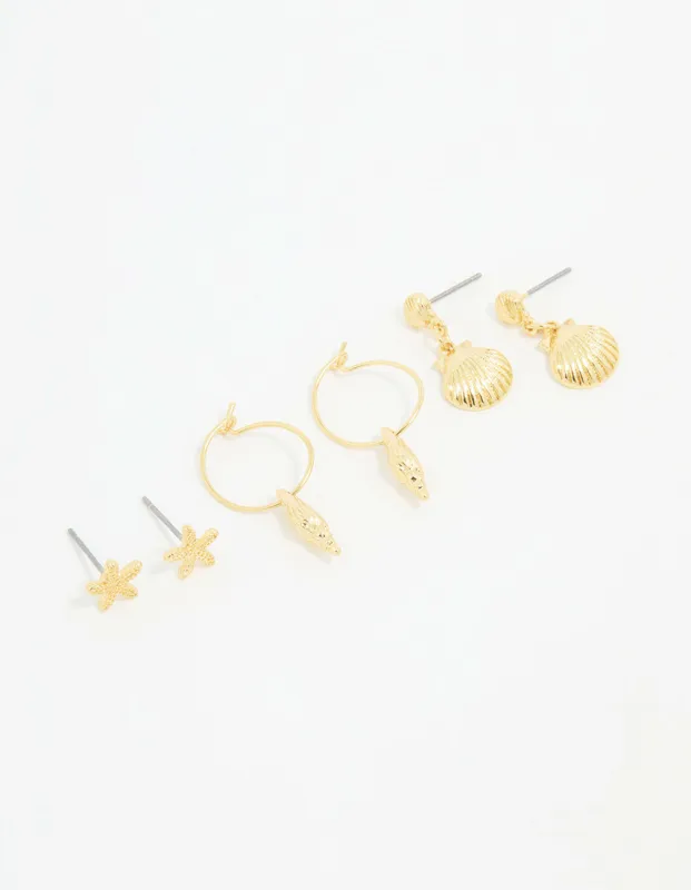Gold Plated Seashell Earrings 3-Pack sold by lovisa