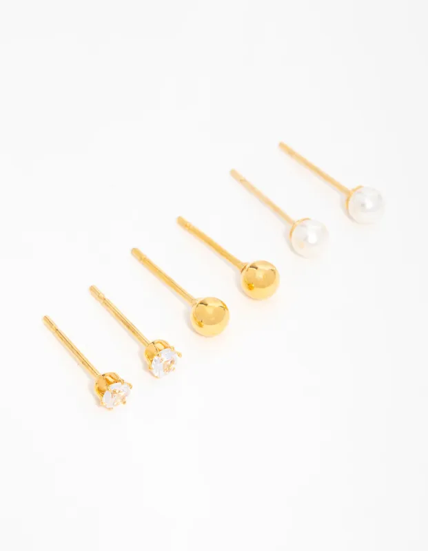 Gold Plated Surgical Steel Small Pearl & Cubic Zirconia Stud Earrings 3-Pack sold by lovisa