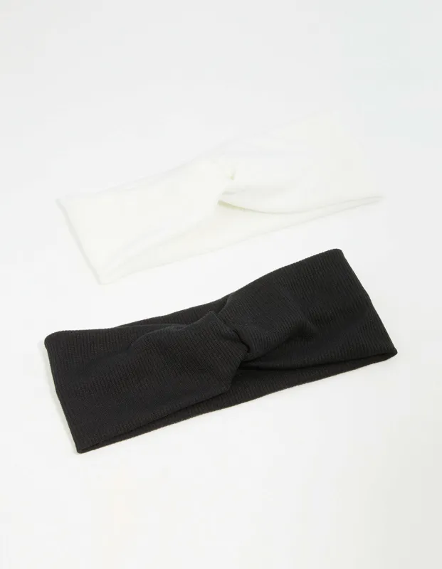 Black & White Ribbed Fabric Twist Stretch Headbands 2-Pack sold by lovisa