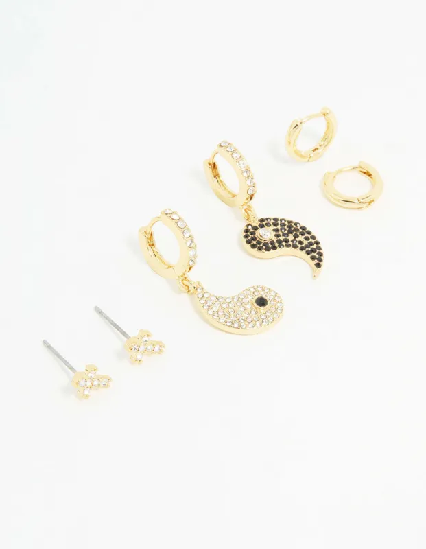 Gold Plated Cubic Zirconia Yin Yang Earrings 3-Pack sold by lovisa