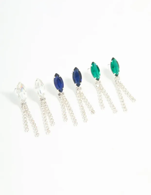 Silver Diamante Marquise Double Cupchain Drop Earrings 3-Pack sold by lovisa