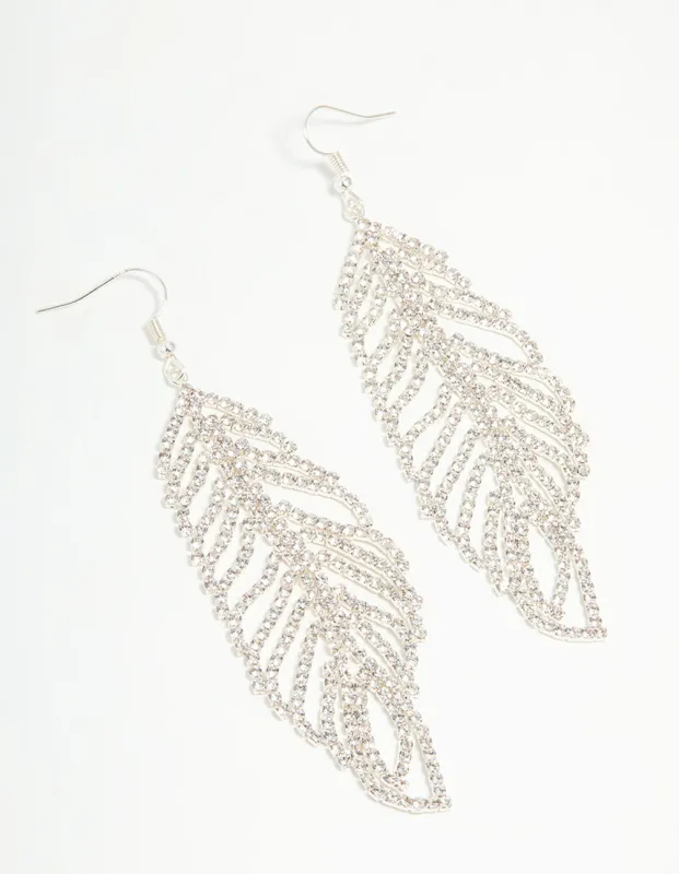 Silver Diamante Leaf Outline Hook Large Drop Earrings sold by lovisa