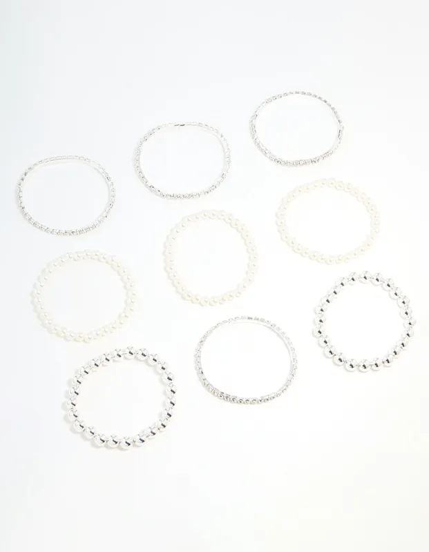 Silver Diamante & Pearl Ball Bracelets 9-Pack sold by lovisa