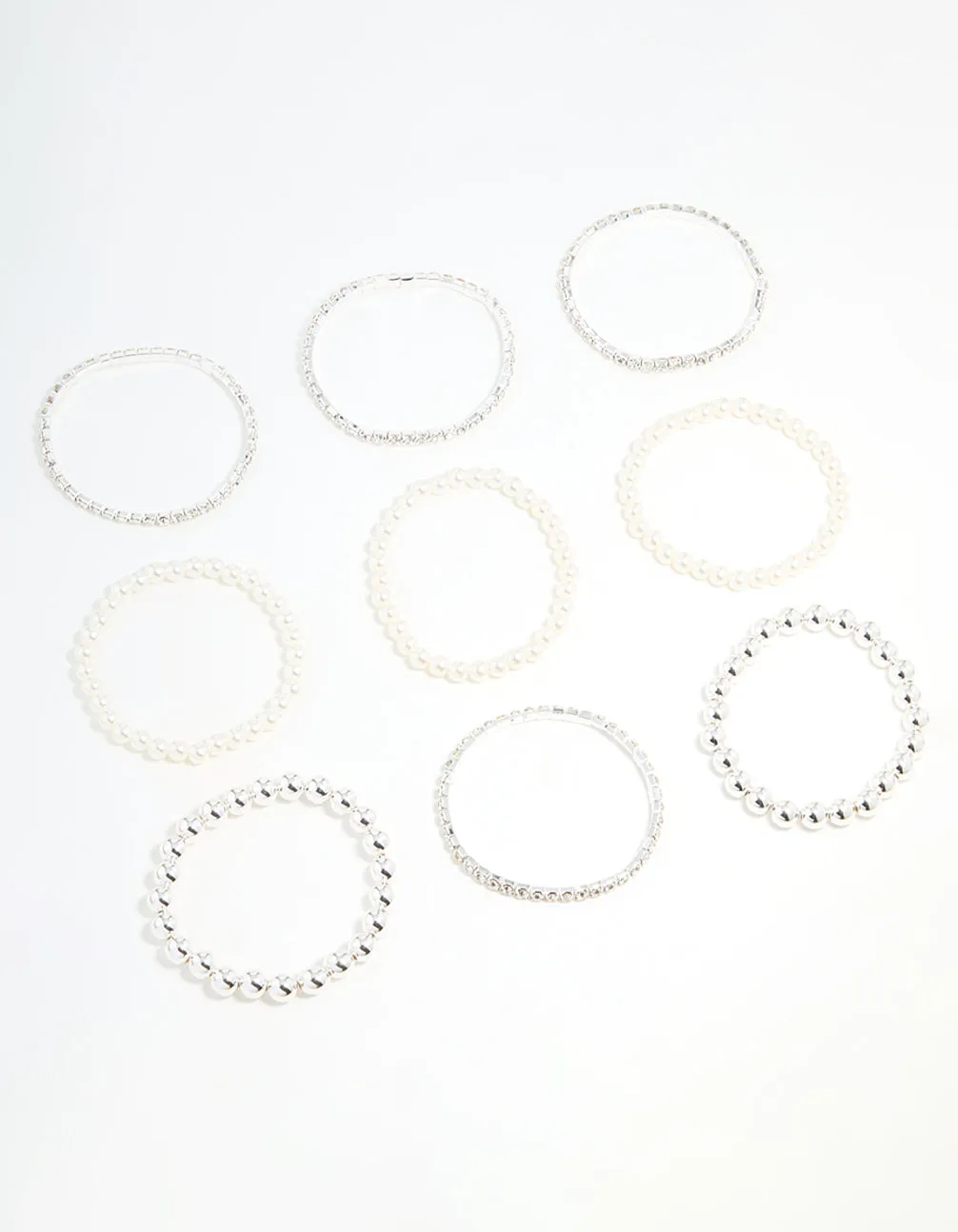 Silver Diamante & Pearl Ball Bracelets 9-Pack sold by lovisa