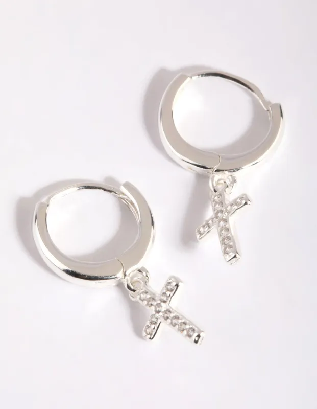 Sterling Silver Cubic Zirconia Cross Huggie Hoop Earrings sold by lovisa