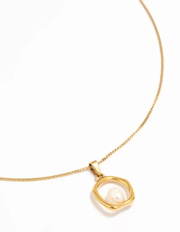 Waterproof Gold Plated Stainless Steel Freshwater Pearl Molten Hoop Pendant Necklace sold by lovisa