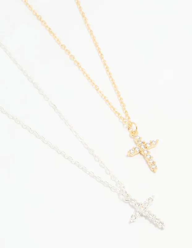 Mixed Metal Cross Cubic Zirconia Pendant Necklaces 2-Pack sold by lovisa