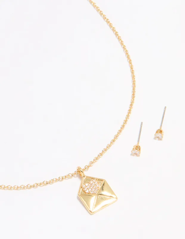 Gold Plated Cubic Zirconia Envelope Necklace & Stud Earrings Set sold by lovisa