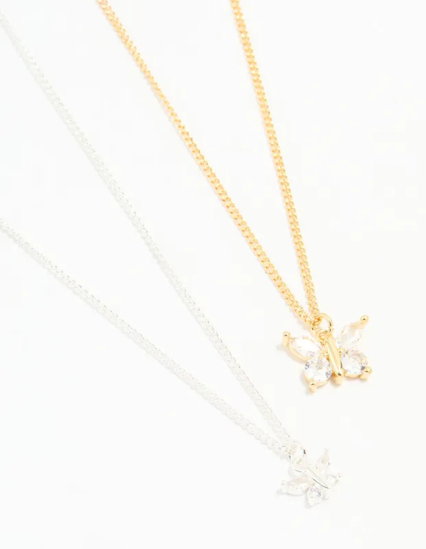 Mixed Metal Cubic Zirconia Butterfly Link Necklace Pack sold by lovisa