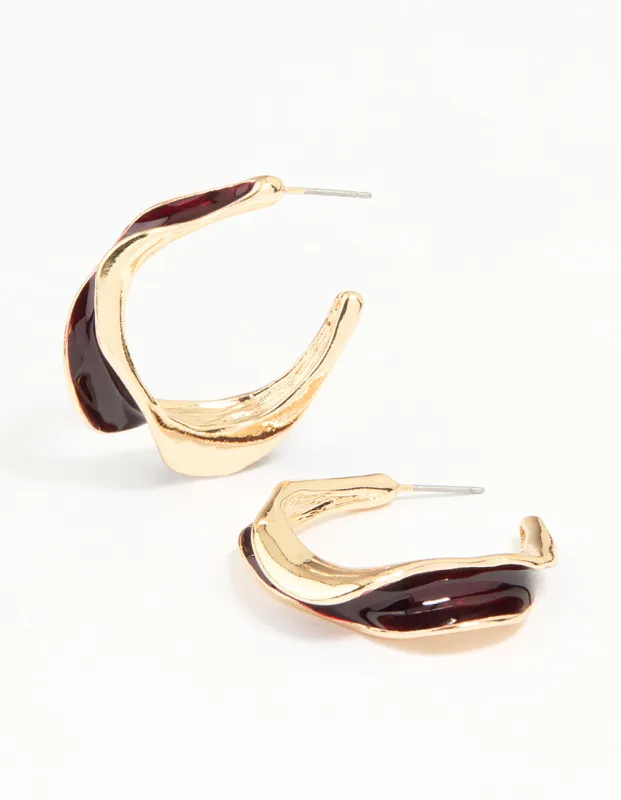 Gold Red Enamel Organic Hoop Earrings sold by lovisa