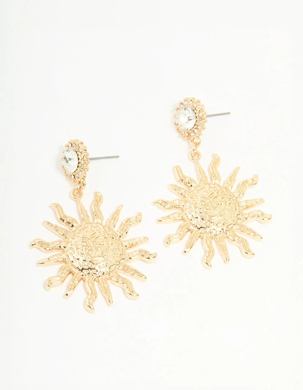 Gold Diamante Smiley Textured Sun Drop Earrings sold by lovisa
