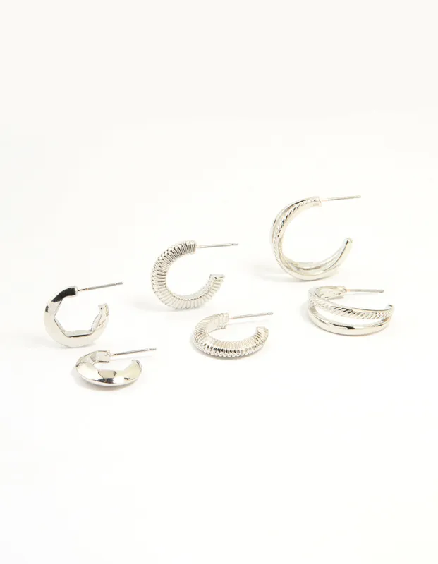 Silver Smooth & Ribbed Hoop Earrings 3- Pack sold by lovisa