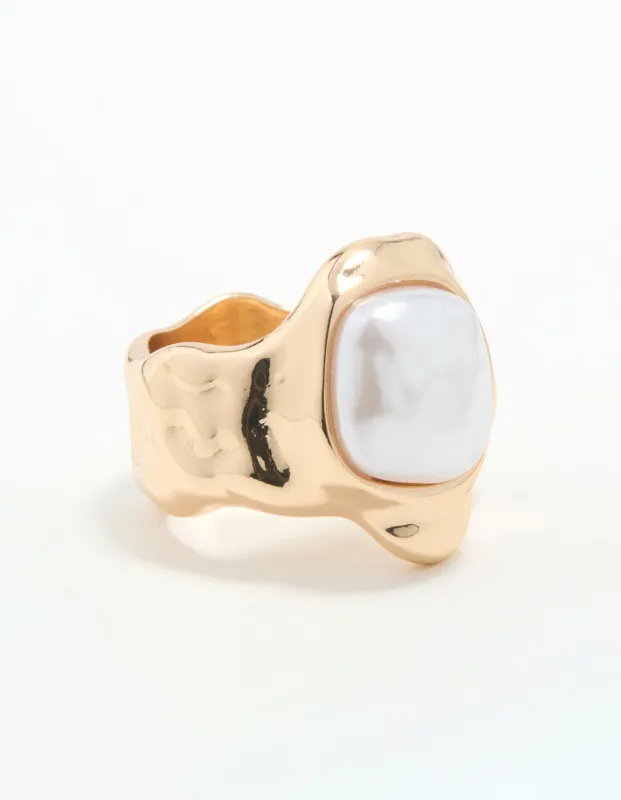 Gold Pearl Statement Molten Ring sold by lovisa