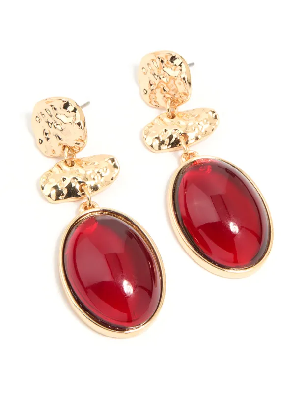 Gold Red Stone Molten Triangular Round Drop Earrings sold by lovisa