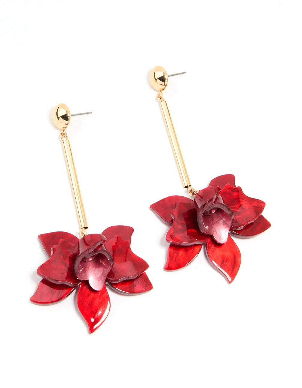 Gold Red Acrylic Orchid & Chain Drop Earrings sold by lovisa