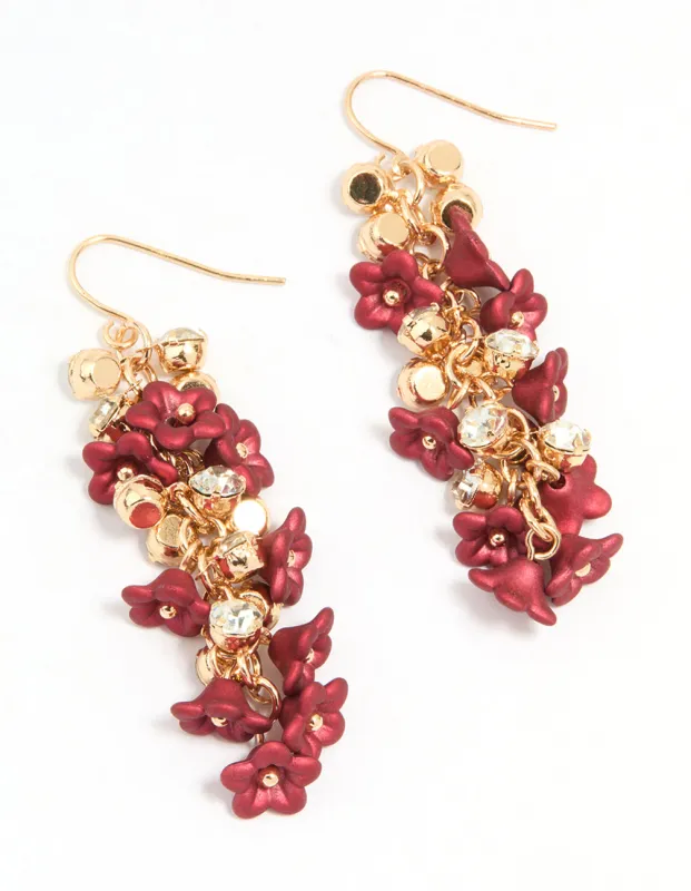 Gold Red Flowers Chain Drop Earrings sold by lovisa