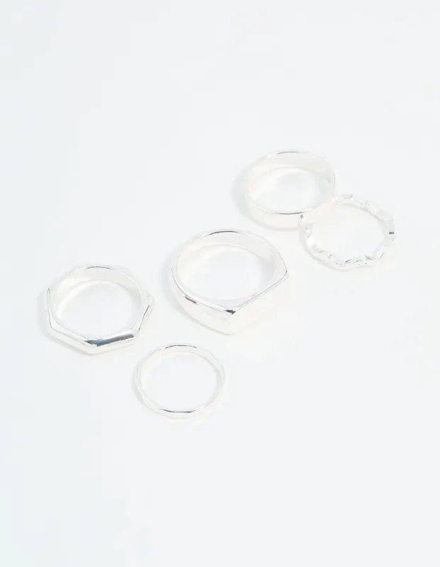 Silver Hexagon & Signet Rings 5-Pack sold by lovisa