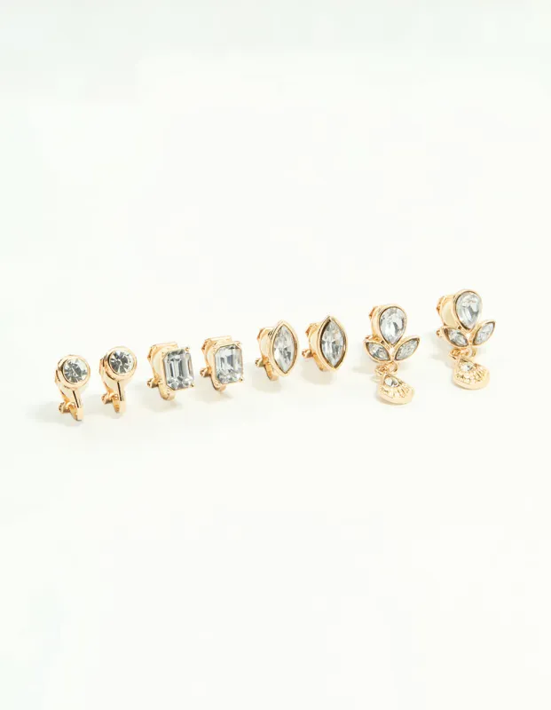 Gold Diamante Mixed Shape Clip-On Earrings 4-Pack sold by lovisa