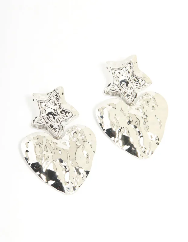 Silver Hammered Star Heart Drop Earrings sold by lovisa