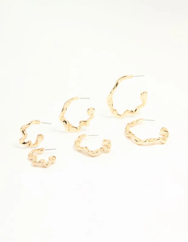 Gold Graduating Wavy Hoop Earrings 3-Pack sold by lovisa
