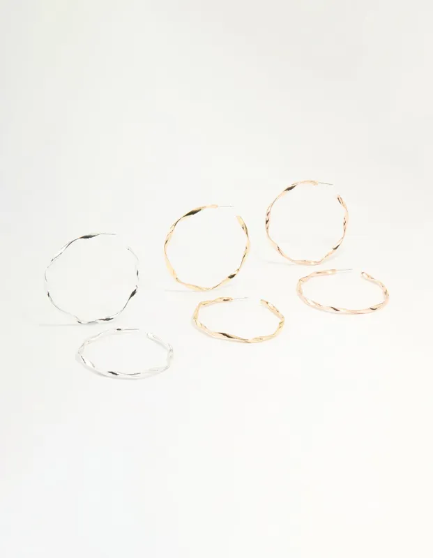 Mixed Metal Twisted Large Hoop Earrings 3-Pack sold by lovisa