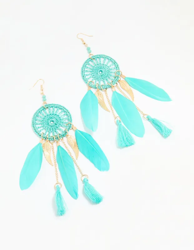 Blue Feather Dreamcatcher Drop Earrings sold by lovisa
