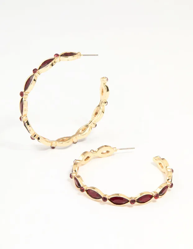 Gold Red Stone Marquise Hoop Earrings sold by lovisa