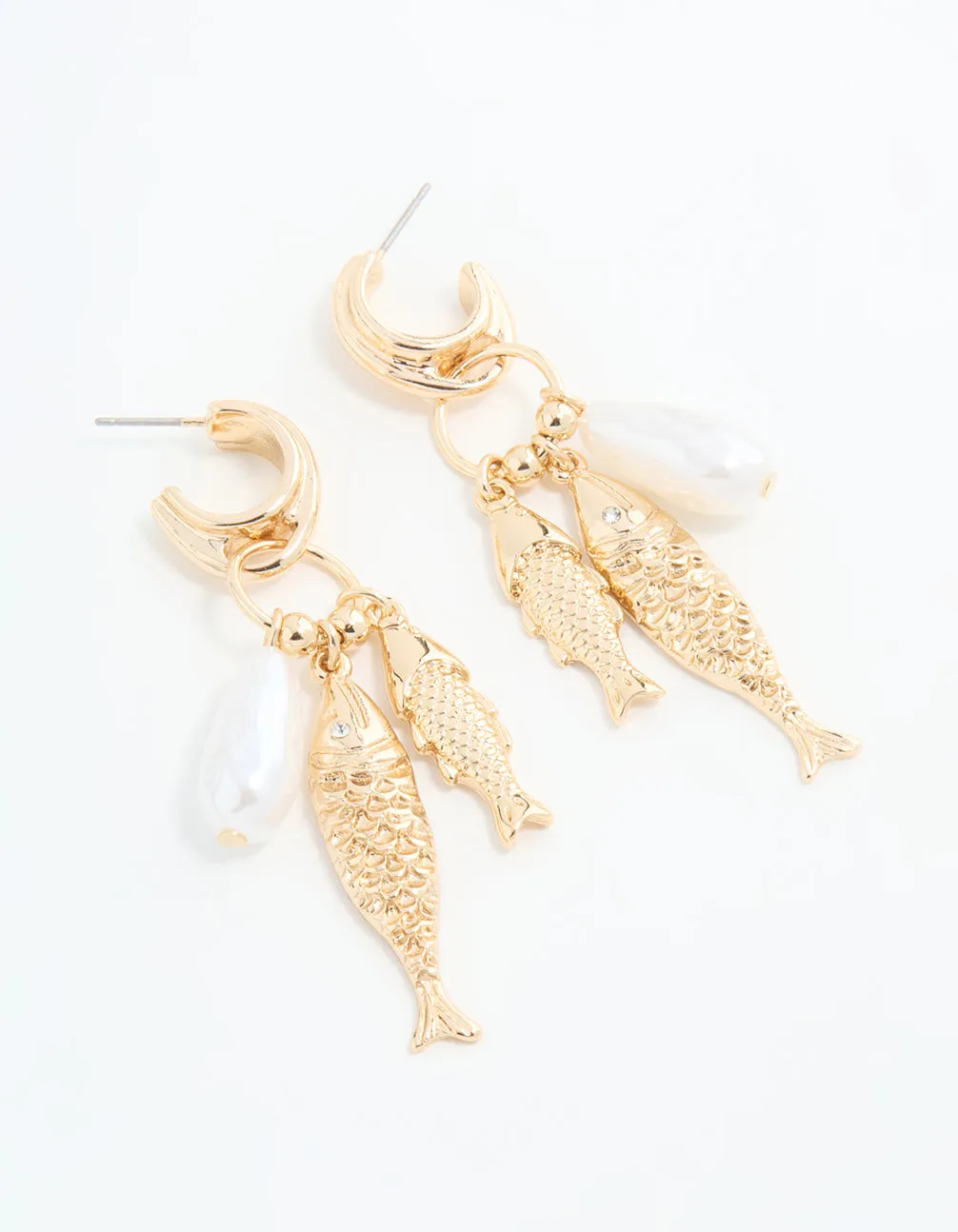 Gold Pearl Fish Charm Hoop Earrings sold by lovisa