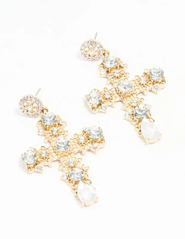 Antique Gold Diamante Statement Cross Drop Earrings sold by lovisa