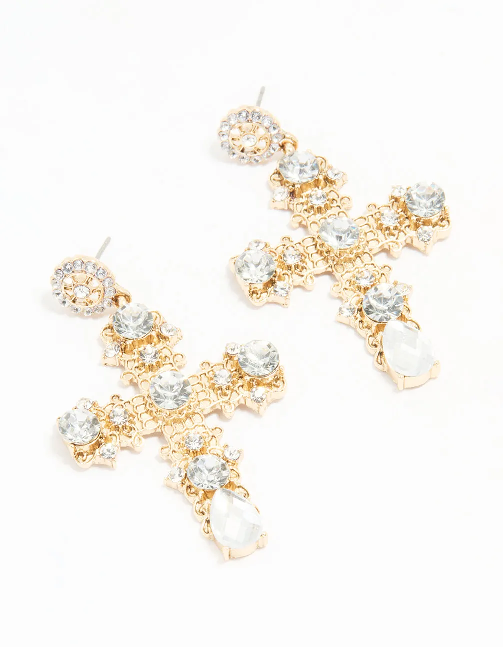 Antique Gold Diamante Statement Cross Drop Earrings sold by lovisa