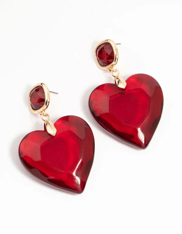 Gold Red Acrylic Heart Drop Earrings sold by lovisa