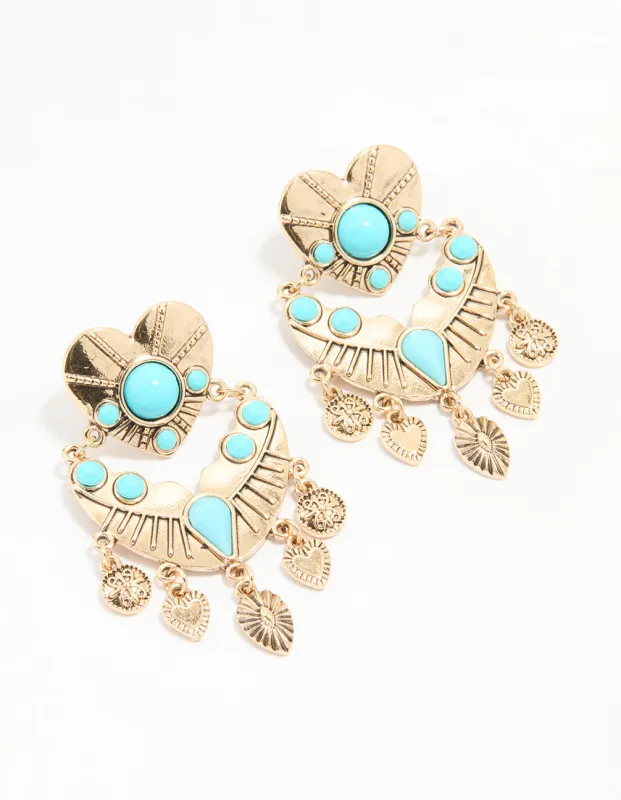 Antique Gold Turquoise Heart Drop Earrings sold by lovisa