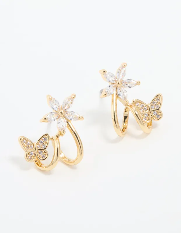 Gold Plated Cubic Zirconia Flower Butterfly Ear Jacket Earrings sold by lovisa