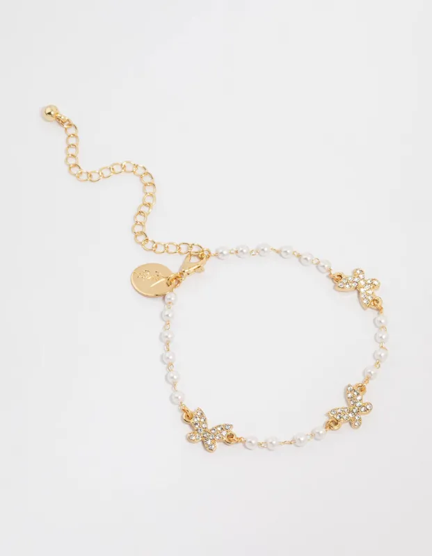 Gold Plated Pearl & Butterfly Charm Bracelet sold by lovisa