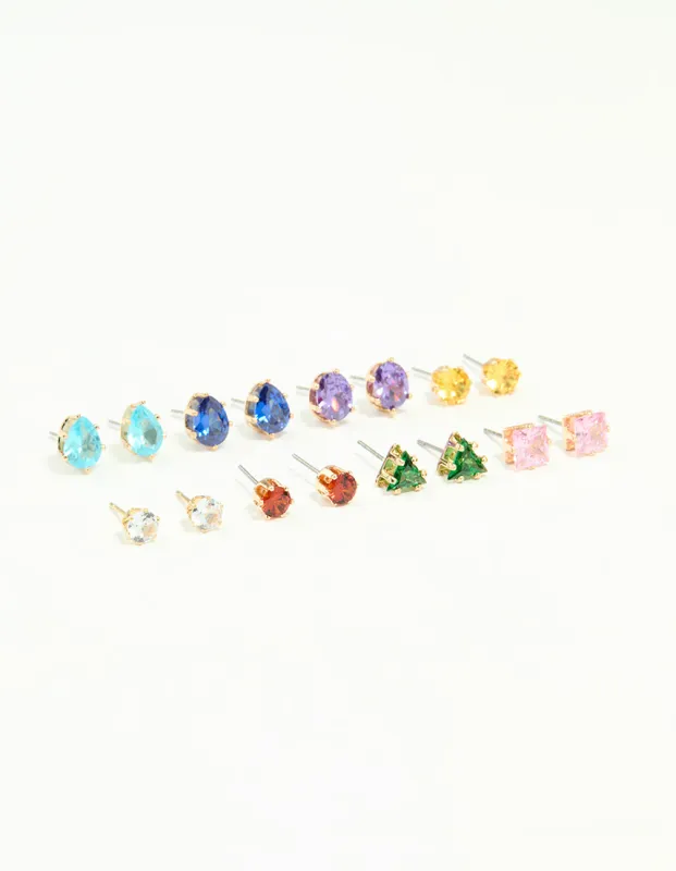 Gold Multicoloured Diamante Mixed Shape Stud Earrings 8-Pack sold by lovisa