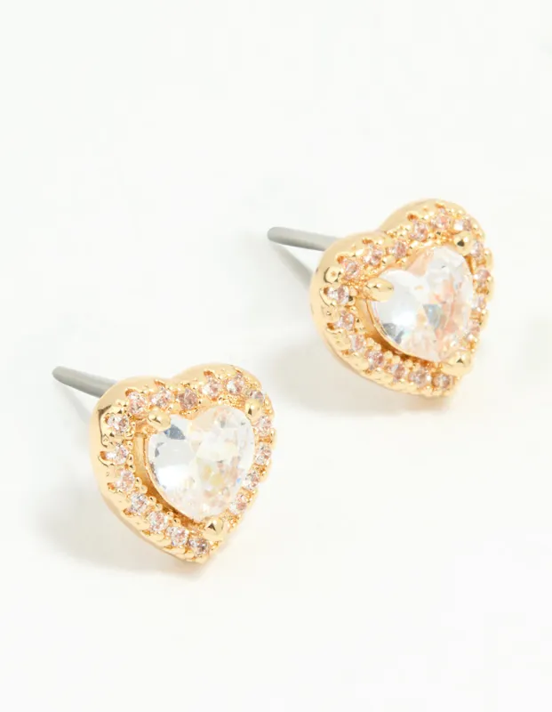 Gold Plated Cubic Zirconia Halo Heart Stud Earrings sold by lovisa