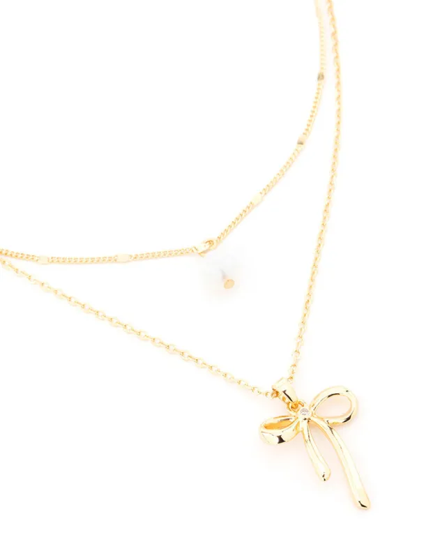 Gold Plated Brass Freshwater Pearl & Bow Layered Necklace sold by lovisa