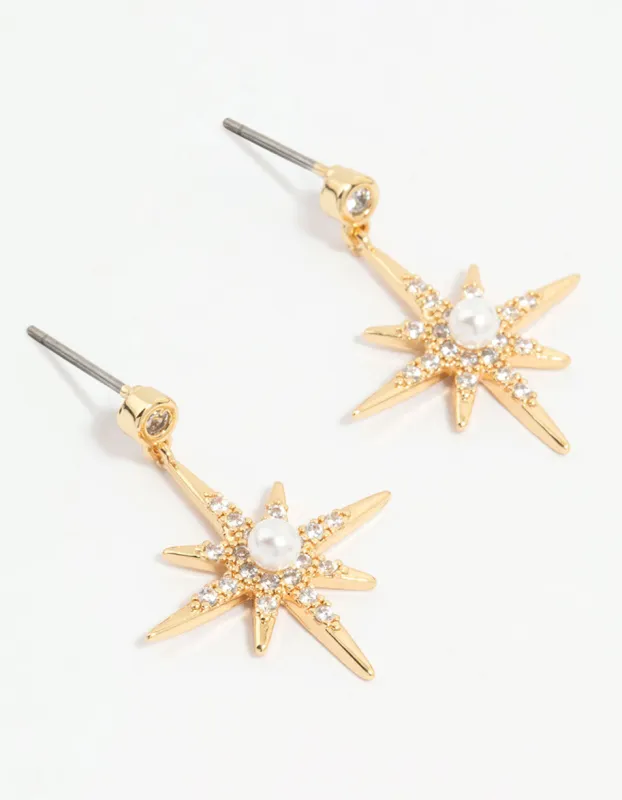 Gold Plated Diamante Pearl Star Drop Earrings sold by lovisa