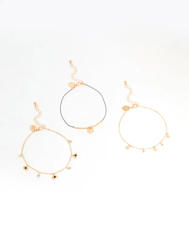 Gold Evil Eye & Coin Chain Anklets 3-Pack sold by lovisa