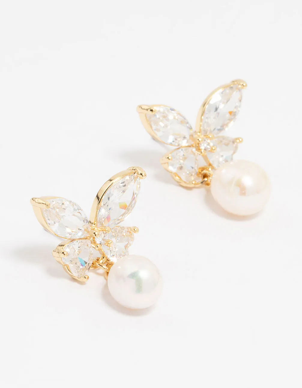 Gold Plated Cubic Zirconia Butterfly Pearl Drop Earrings sold by lovisa