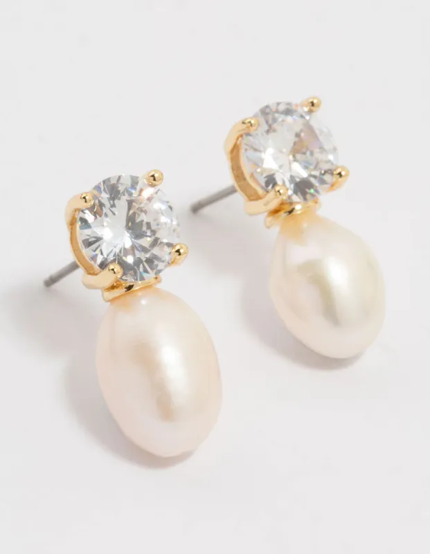 Gold Plated Diamante Freshwater Pearl Drop Earrings sold by lovisa