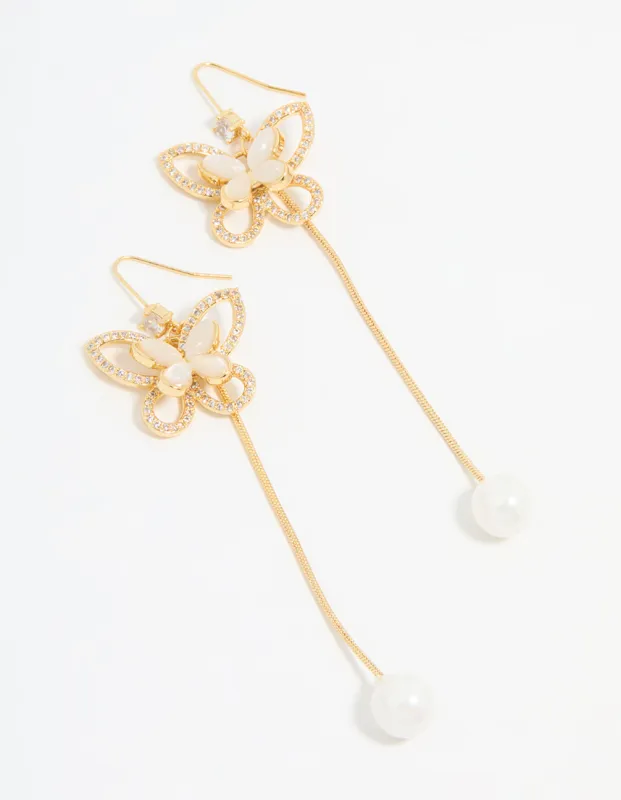 Gold Plated Pearl Butterfly Long Drop Earrings sold by lovisa