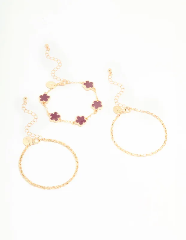 Gold Chain & Red Flower Bracelets 3-Pack sold by lovisa