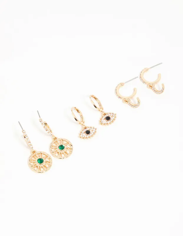 Gold Celestial Eye Diamante Earrings 3-Pack sold by lovisa