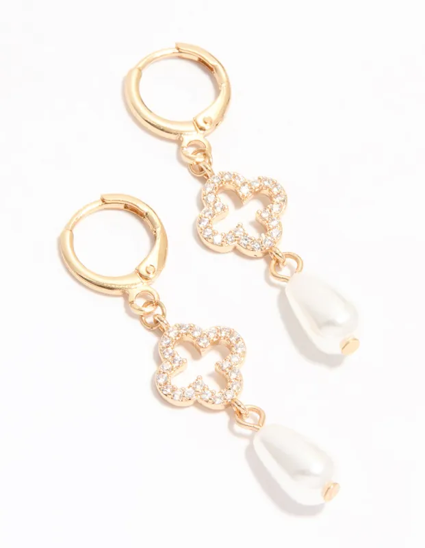 Gold Diamante Pearl Floral Huggie Earrings sold by lovisa