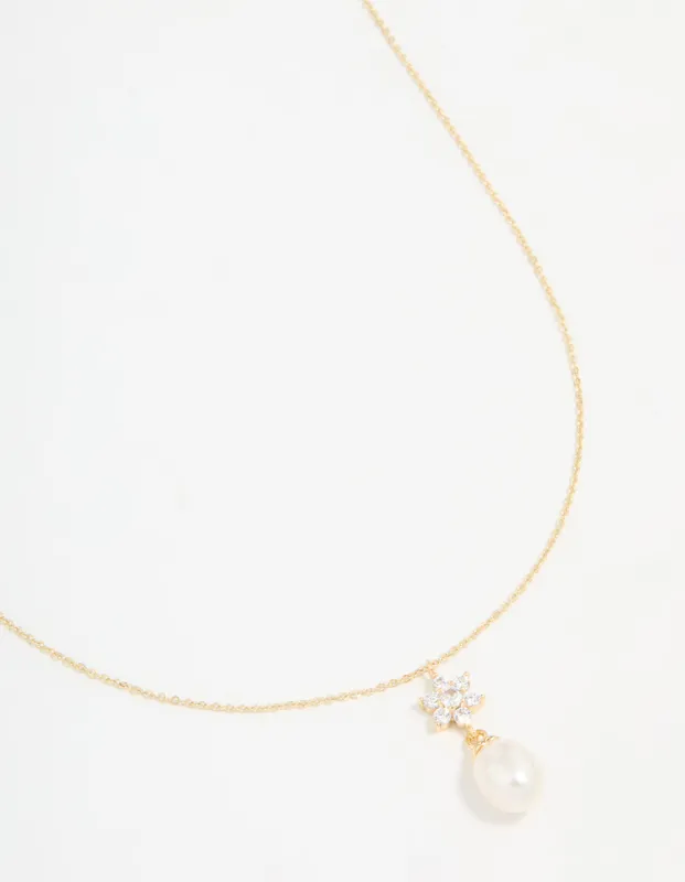 Gold Plated Cubic Zirconia & Pearl Flower Necklace sold by lovisa