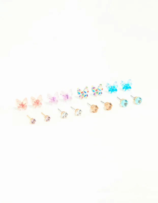 Gold Diamante & Butterfly Stud Earrings 8-Pack sold by lovisa