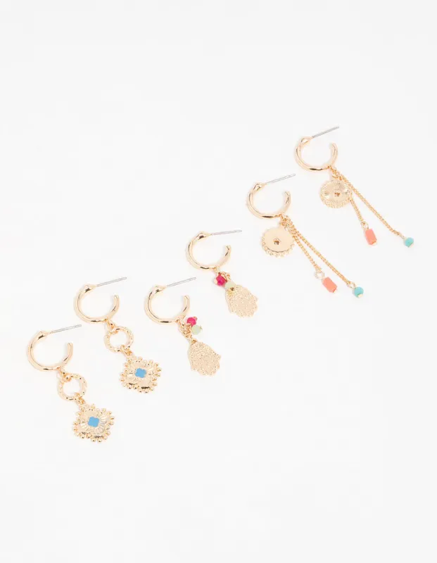 Gold Hamsa Eye Chain Earrings 3-Pack sold by lovisa